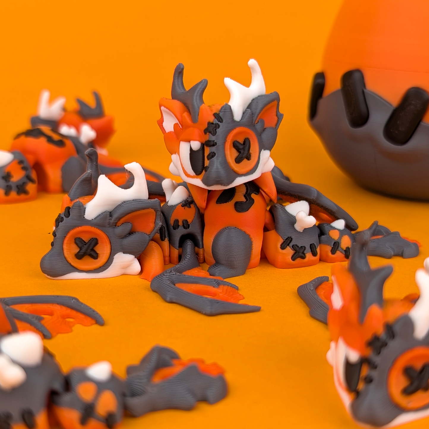 Halloween Dragon 3D printed articulated flexi dragon fidget toy (desk pet), spooky theme, side view, FlexiFriends3D