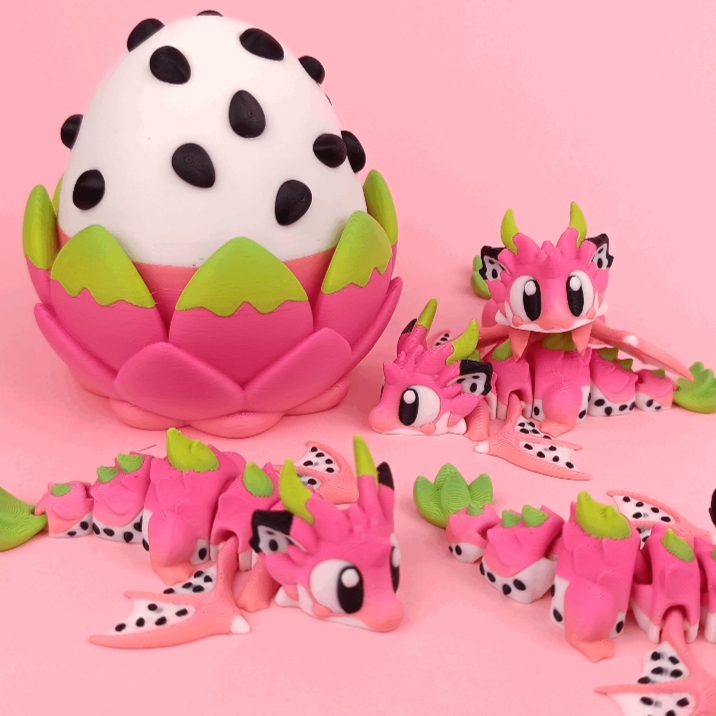 Dragon Fruit Dragon 3D printed articulated flexi dragon fidget toy (desk pet), fruit theme, side view, FlexiFriends3D