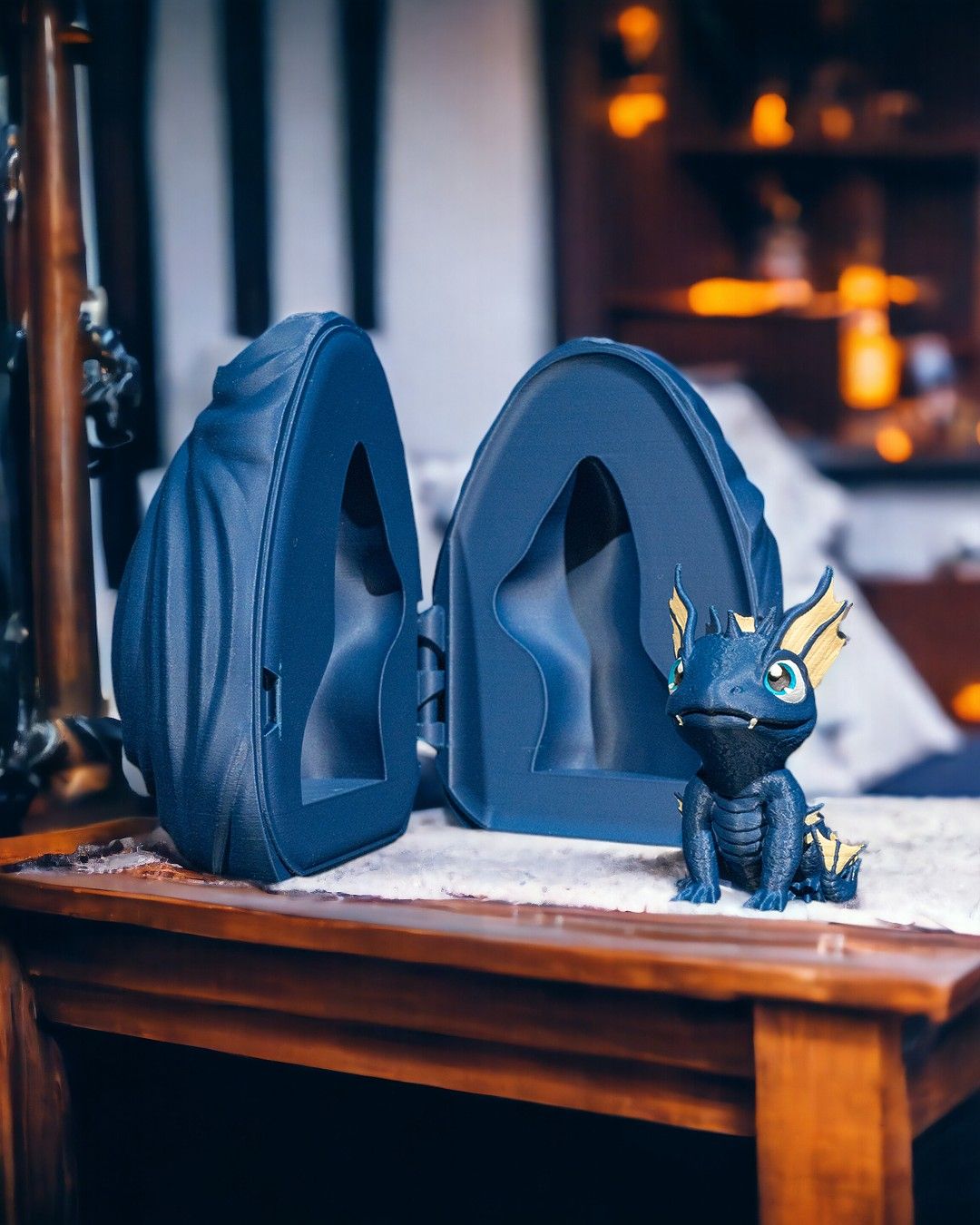 3D printed water dragon figure with open dragon egg display – lifestyle photo