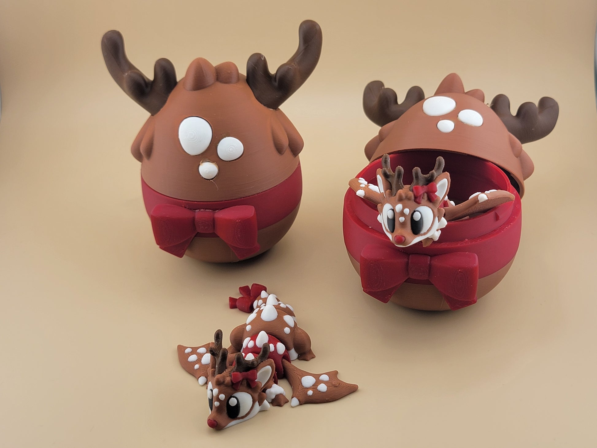 Reindeer Dragon 3D printed articulated flexi dragon fidget toy (desk pet), holiday design, angled view, FlexiFriends3D