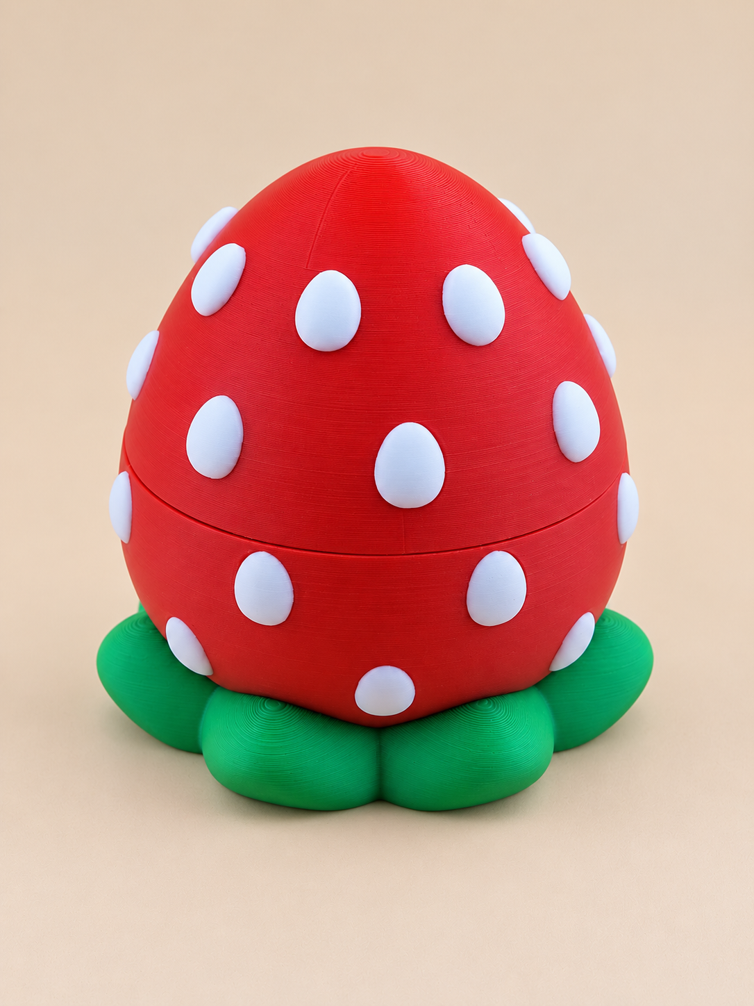 Closed red strawberry egg with white spots and green leaf base