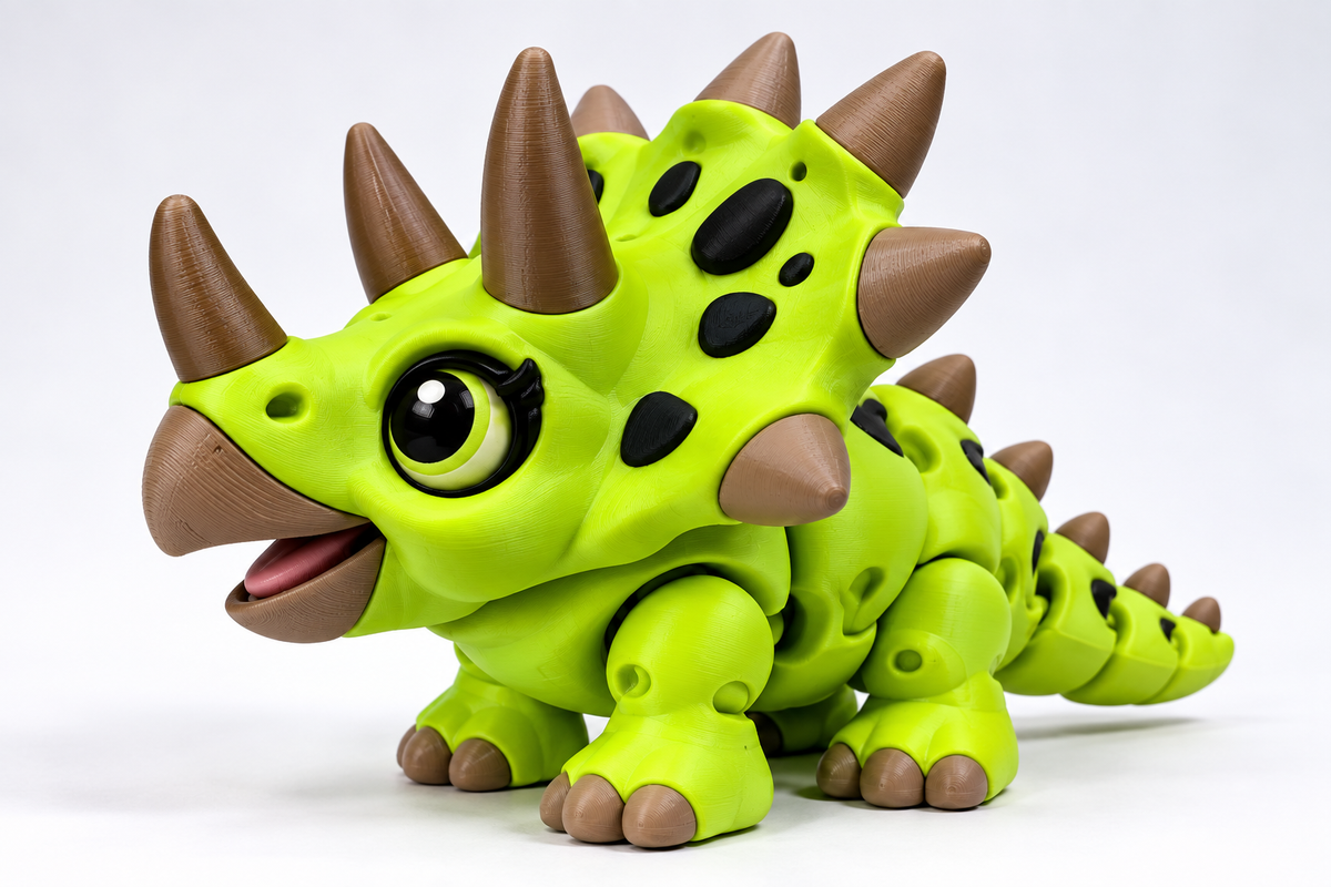 Green articulated 3D printed Triceratops dinosaur – three-quarter view closeup