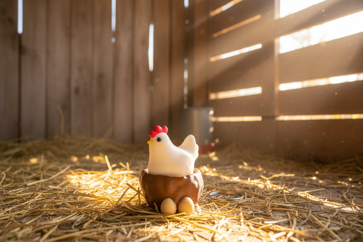 Keychain with a cartoonish chicken design on a dark surface