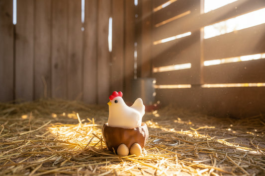 Keychain with a cartoonish chicken design on a dark surface